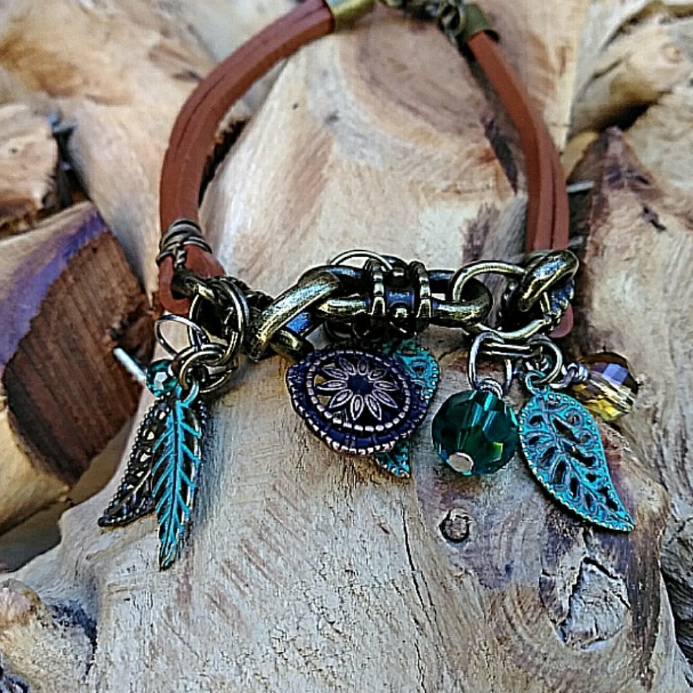 Boho brown leather bracelet with charms